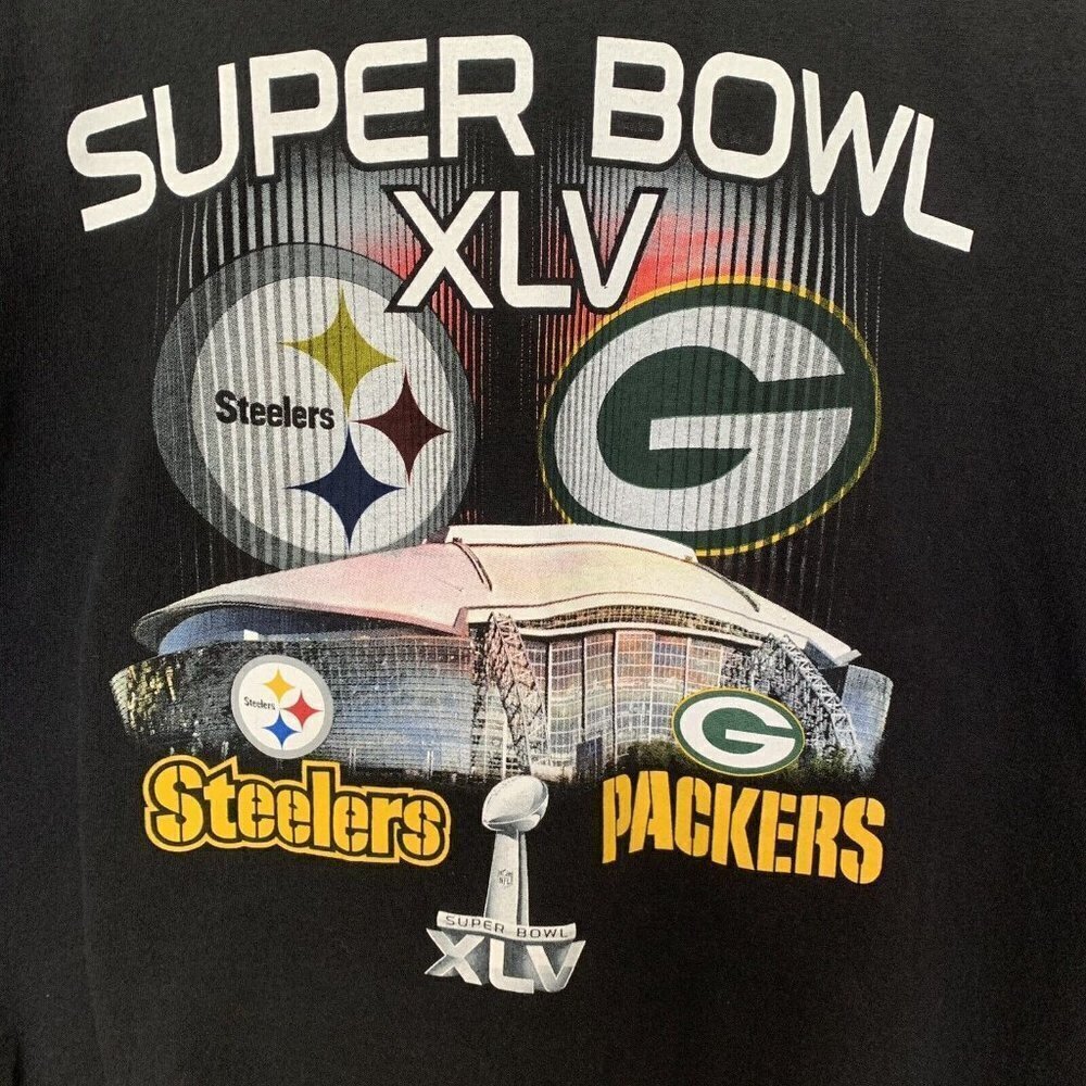 Super Bowl XLV Packers Steelers Men’s XL Tshirt Black Short Sleeve 2011